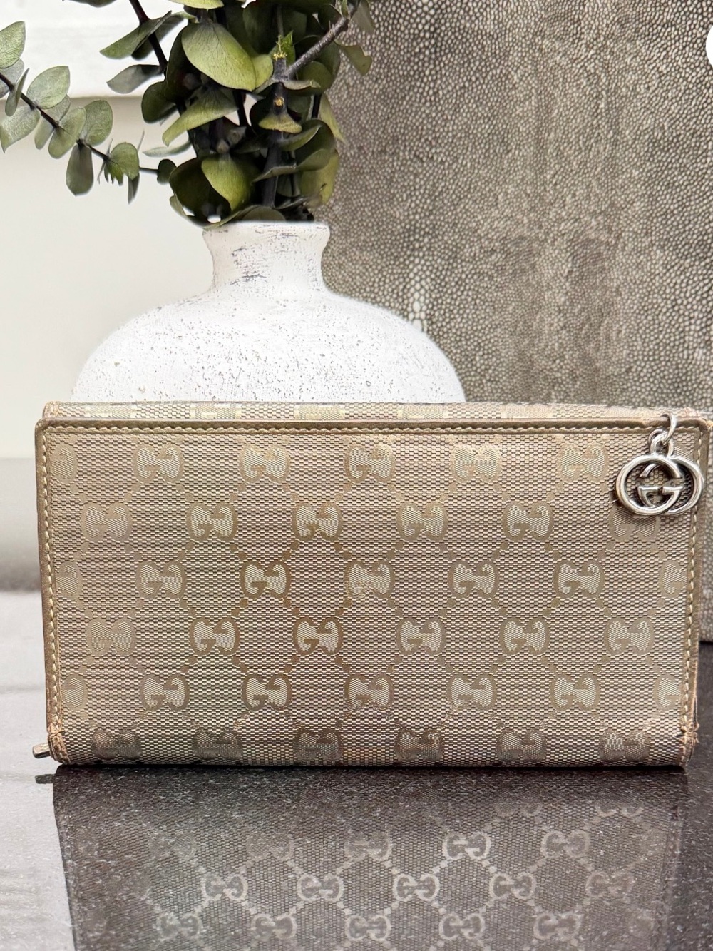 Gucci Bronze GG Monogram Long-Wallet with Gunmetal GG Charm w/COA